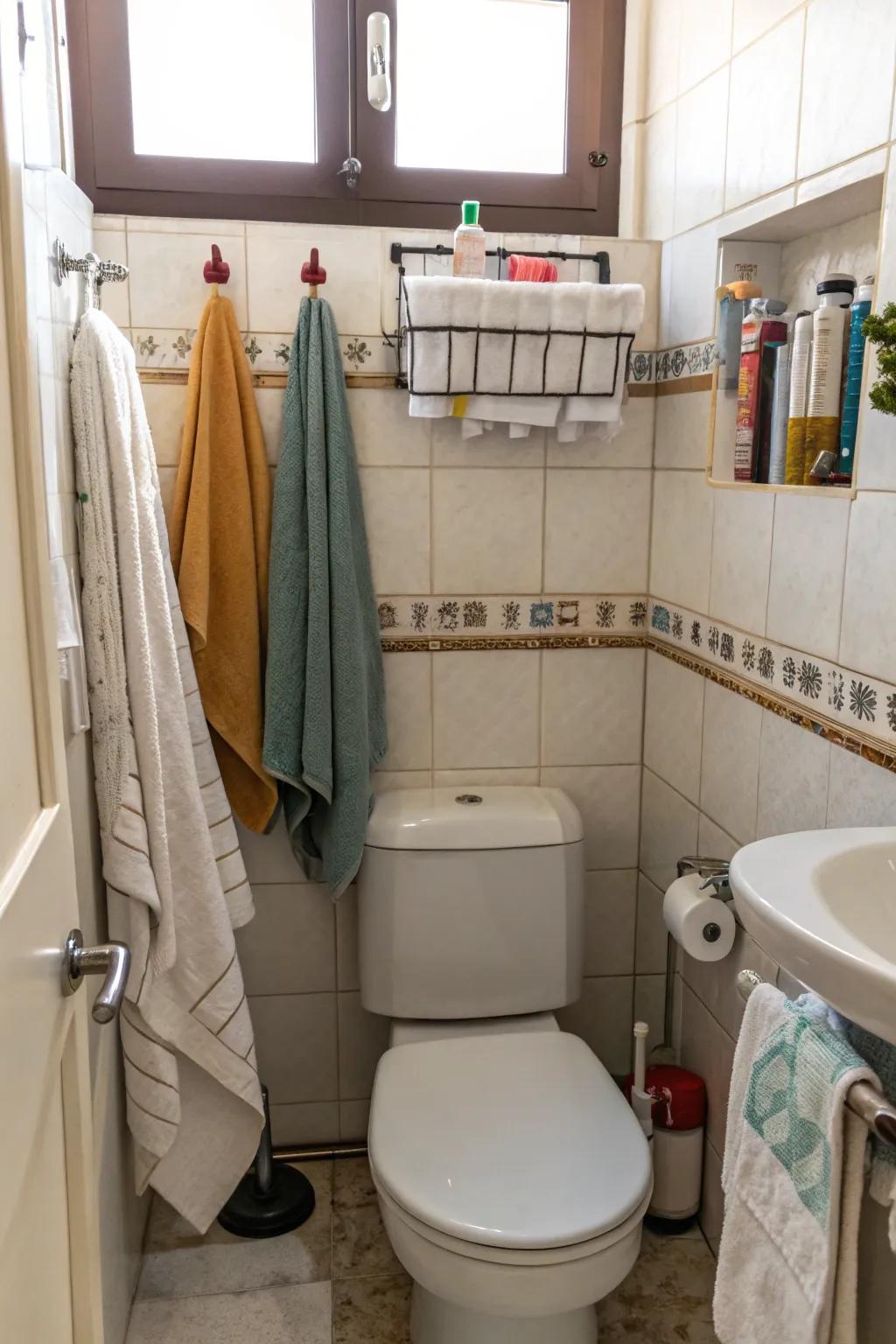 Hooks add practical functionality to the bathroom.