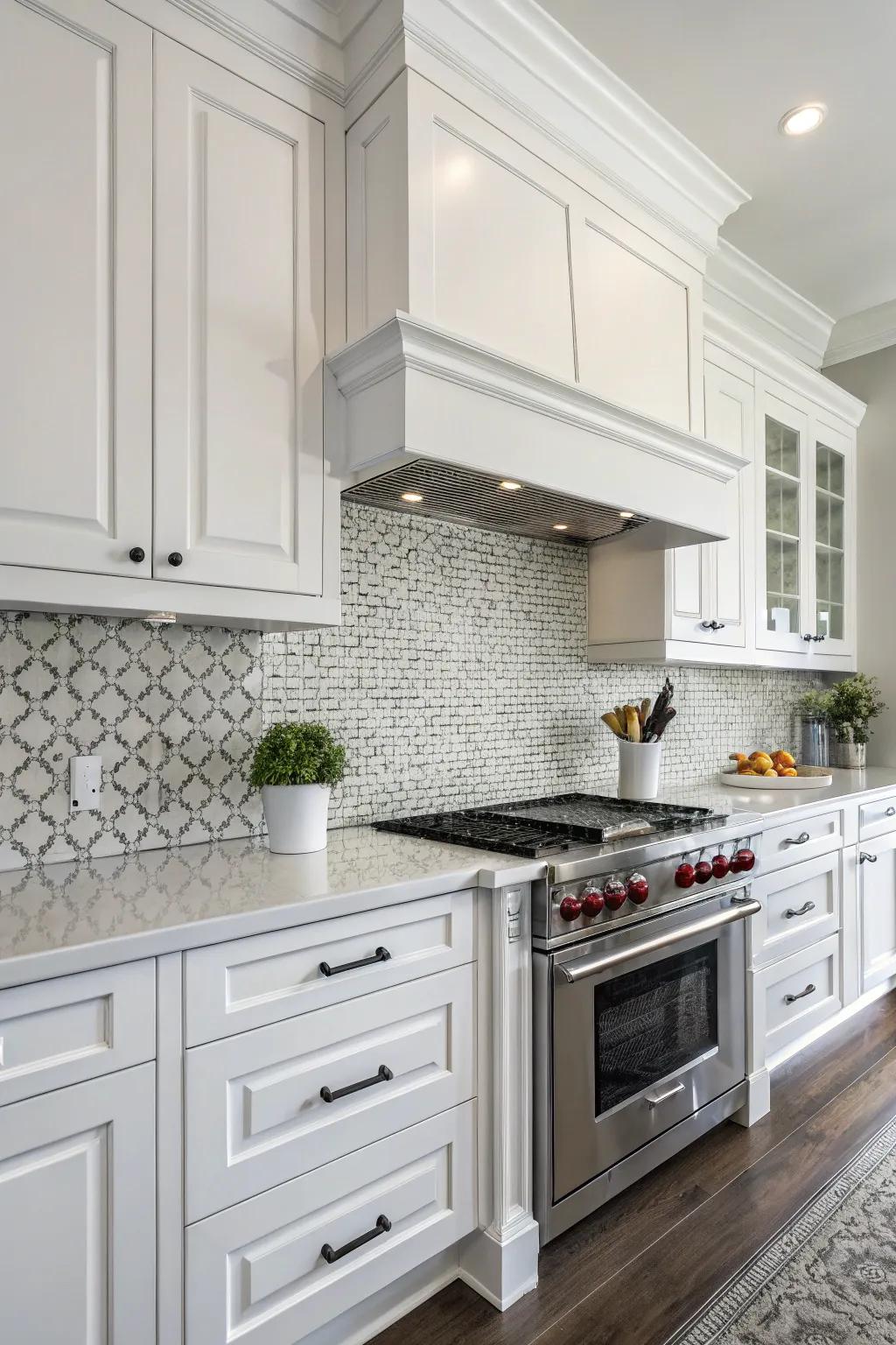 Monochrome tiles offer a minimalist look in this white kitchen.