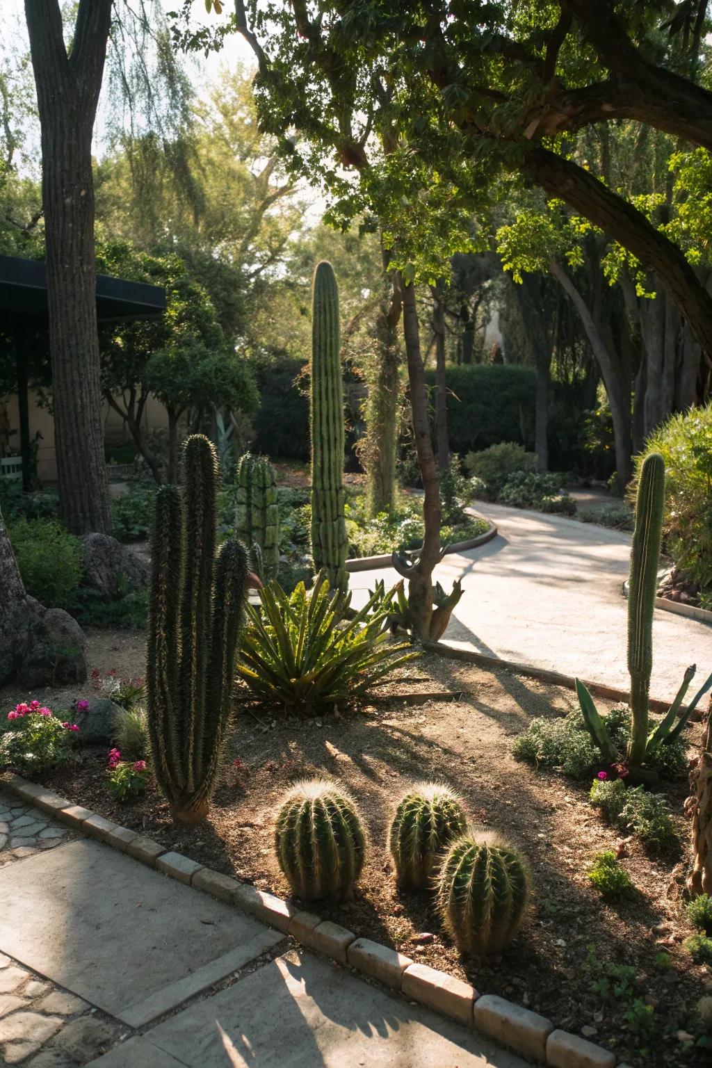 Cacti thrive in sunny spots inside a shady area of the garden.
