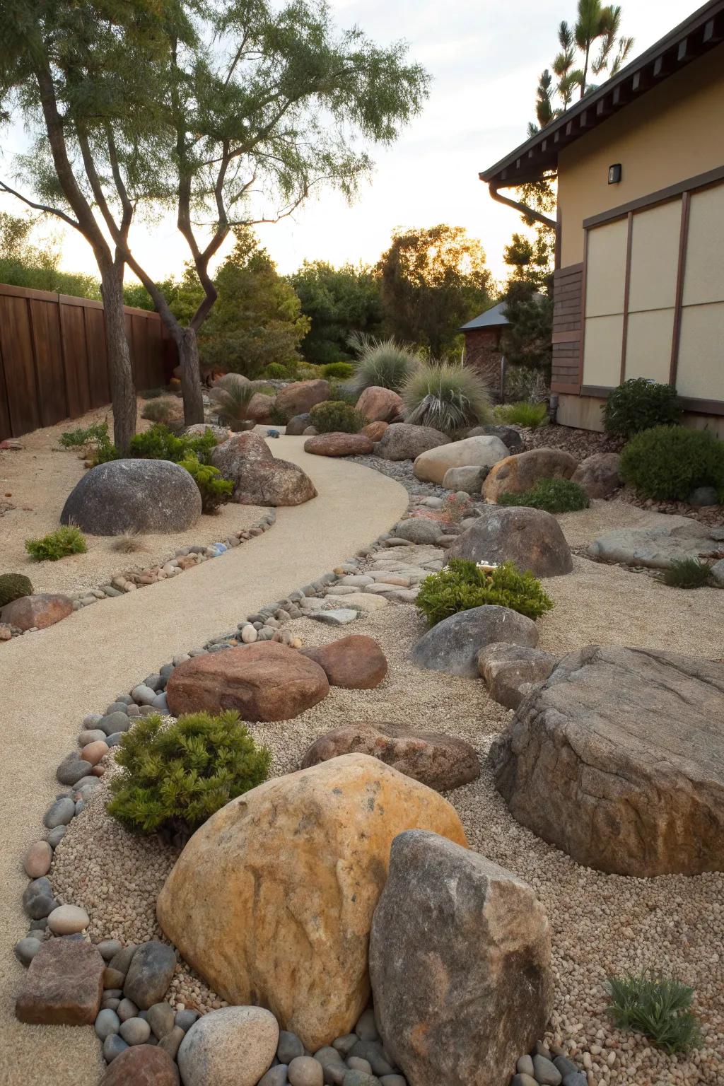 Mix crushed rock fines with rocks for a stunning and low-maintenance garden feature.
