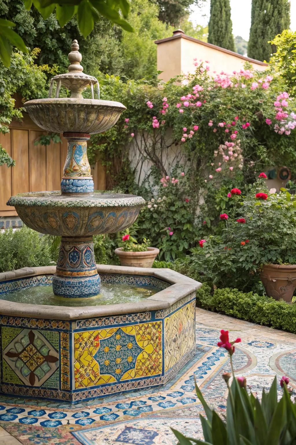 A colorful tile fountain brings color and artistry to your outdoor space.