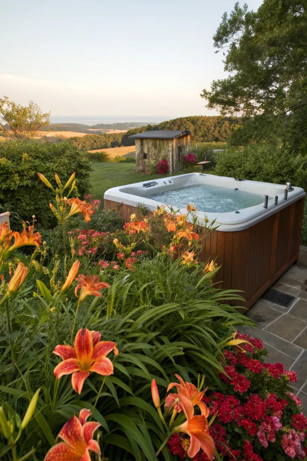 Vibrant flowers carry color and life to your hot tub haven.