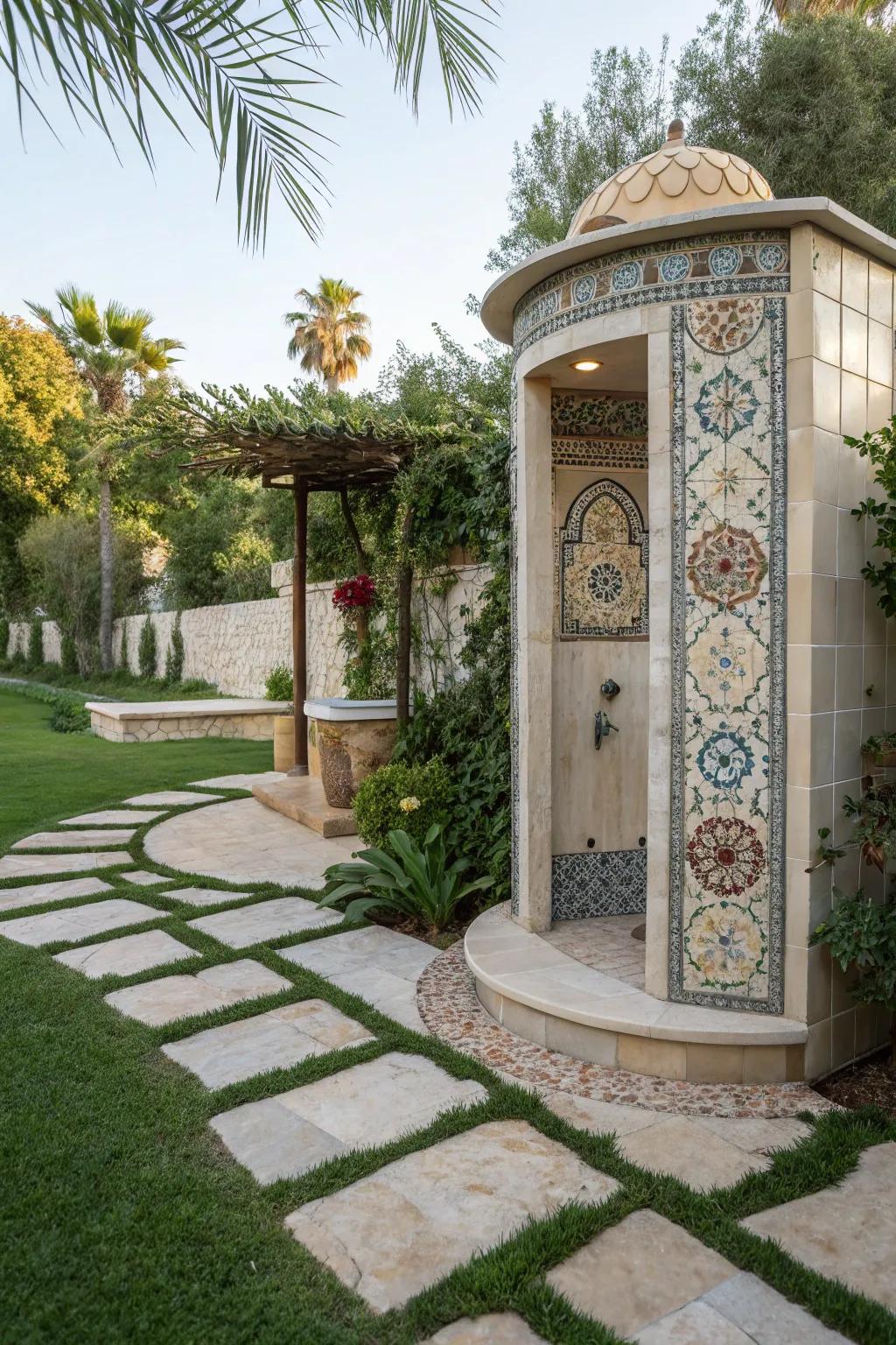 An elegant outdoor shower area with ornamental tiles and stone elements.