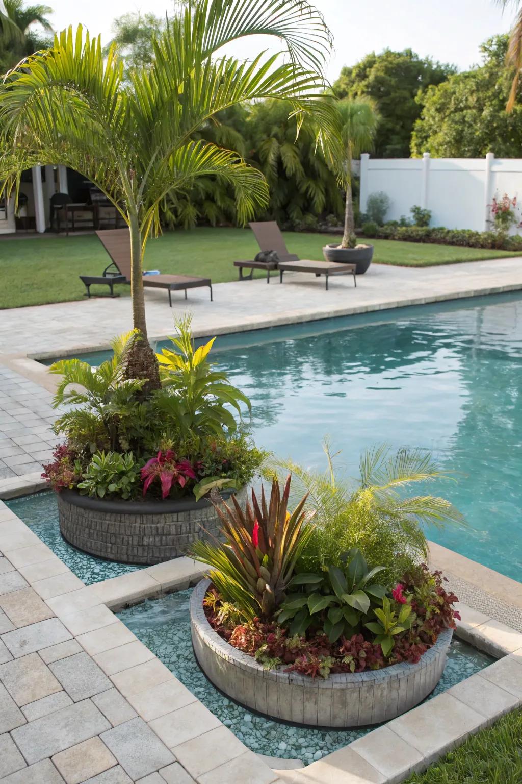 Floating gardens add a magical, unexpected touch to the pool area.