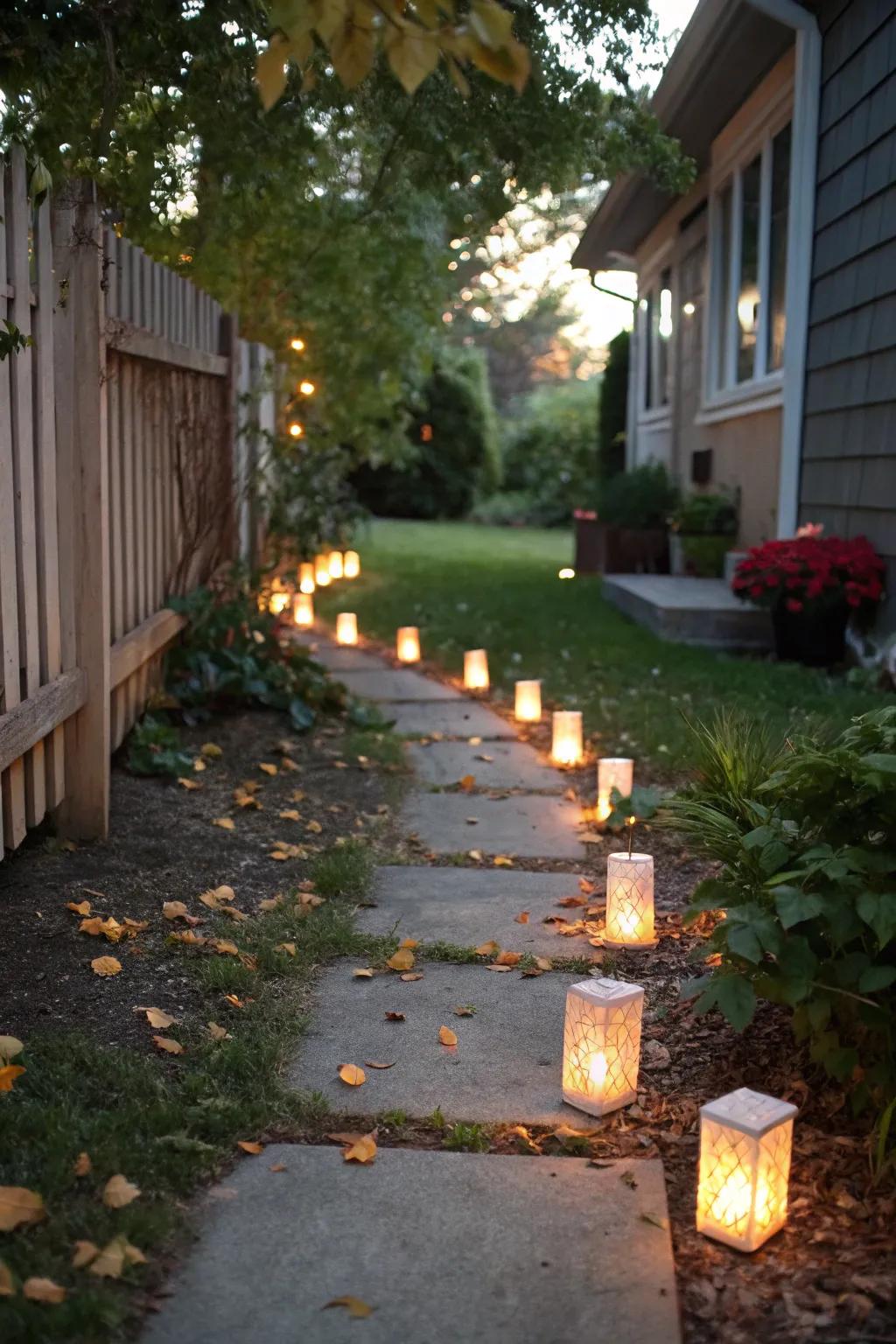 An elegant tea light pathway adding charm to the party.