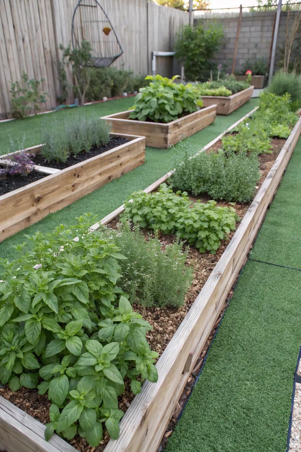 Herb gardens bordered by lush artificial lawn.