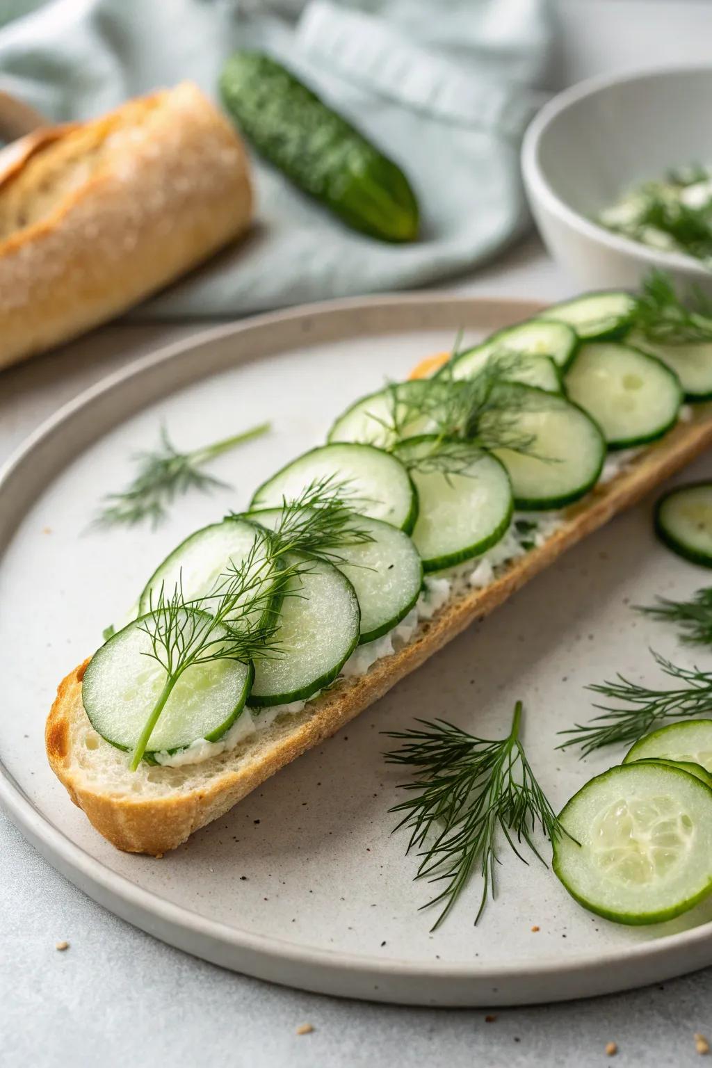 Crisp cucumber and dill infuse a revitalizing impression to your French loaf.