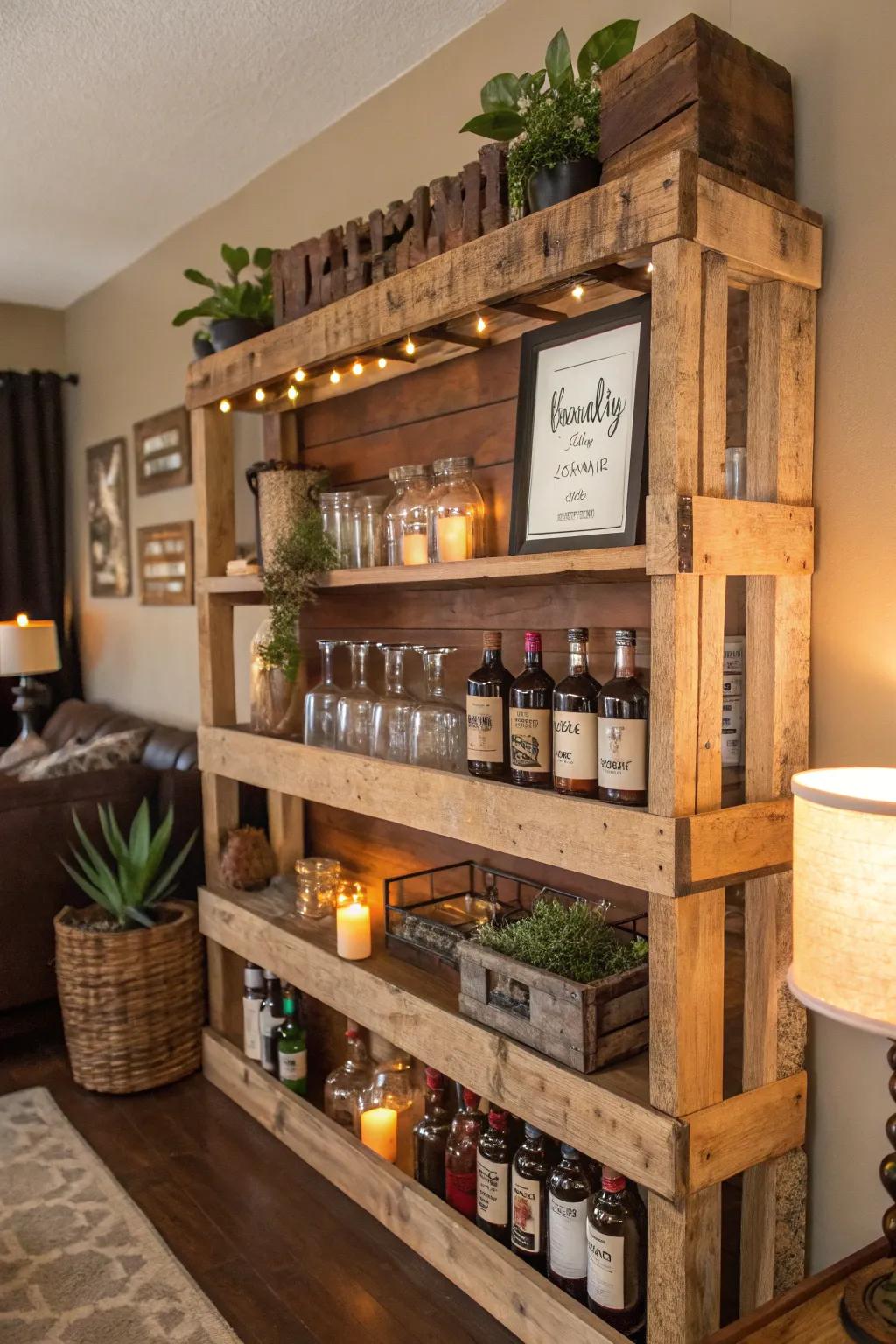 Pallet shelves bring rustic appeal to your bar.