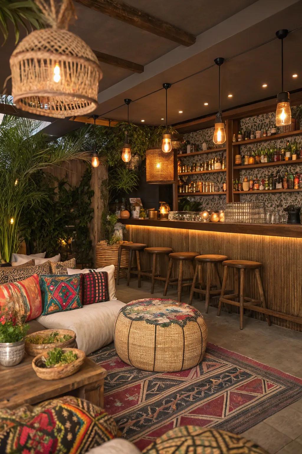 Free-spirited getaway encourages comfort using varied patterns.