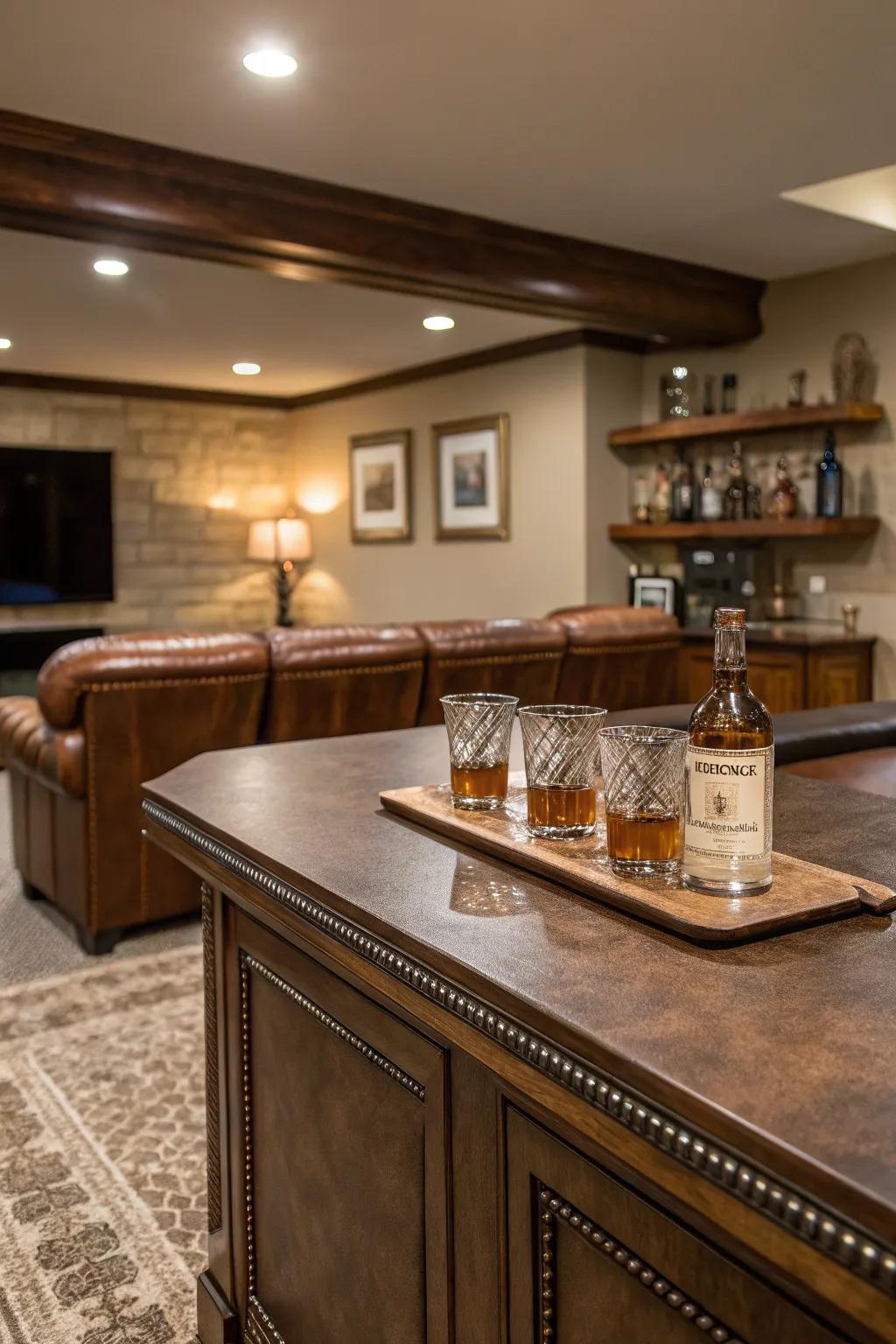 Leather adds warmth and texture to bar tops.