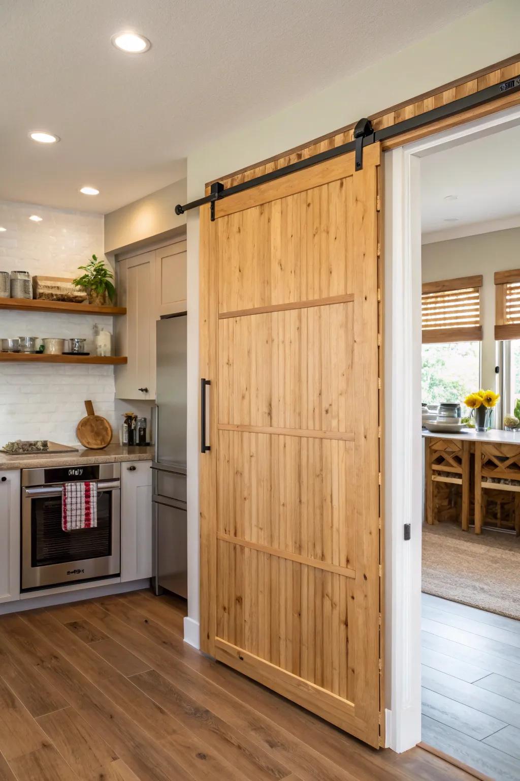 A kitchen featuring a sliding barn door pantry made of bamboo.
