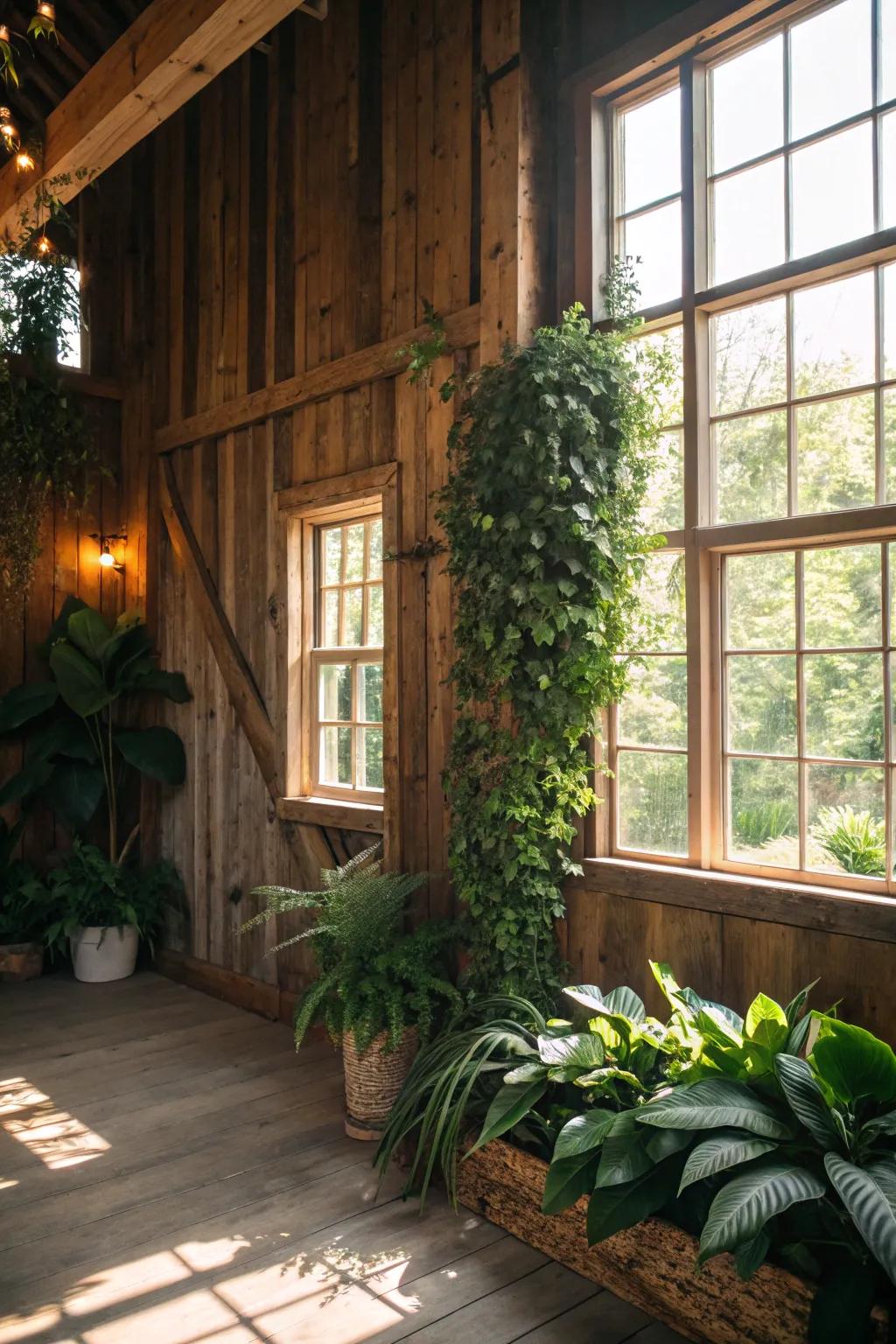 Bring nature indoors with barn wood and greenery.