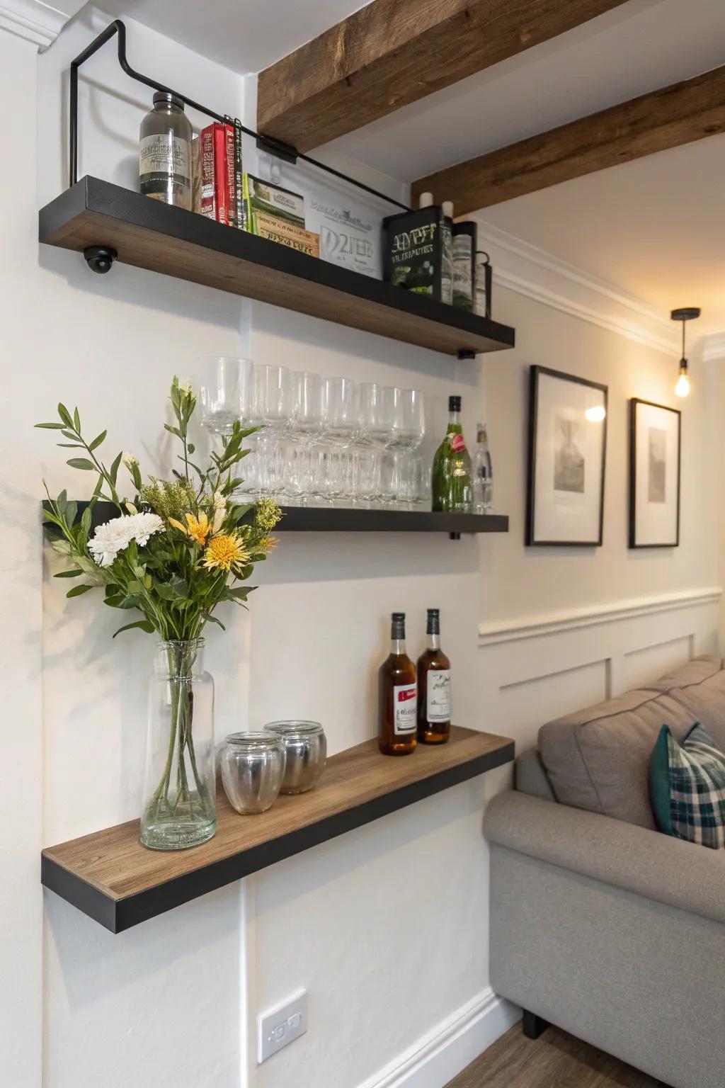 A floating shelf offers a sleek and simple solution for a home bar.