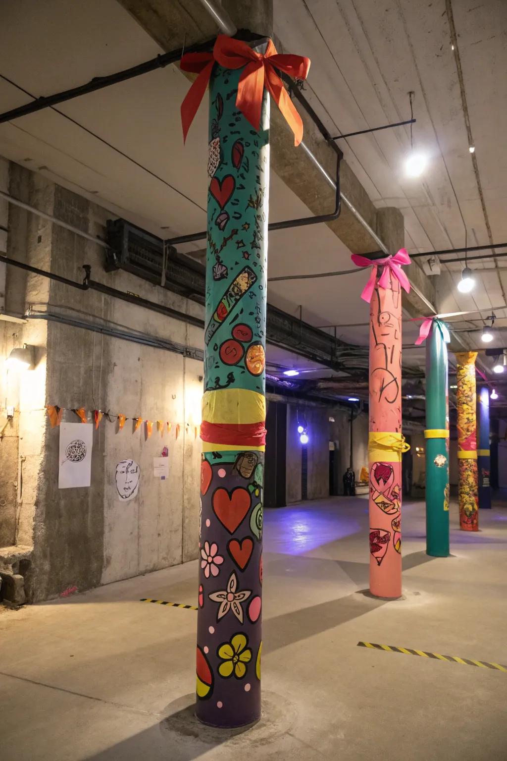 Stickers and decals personalize and brighten up basement poles.