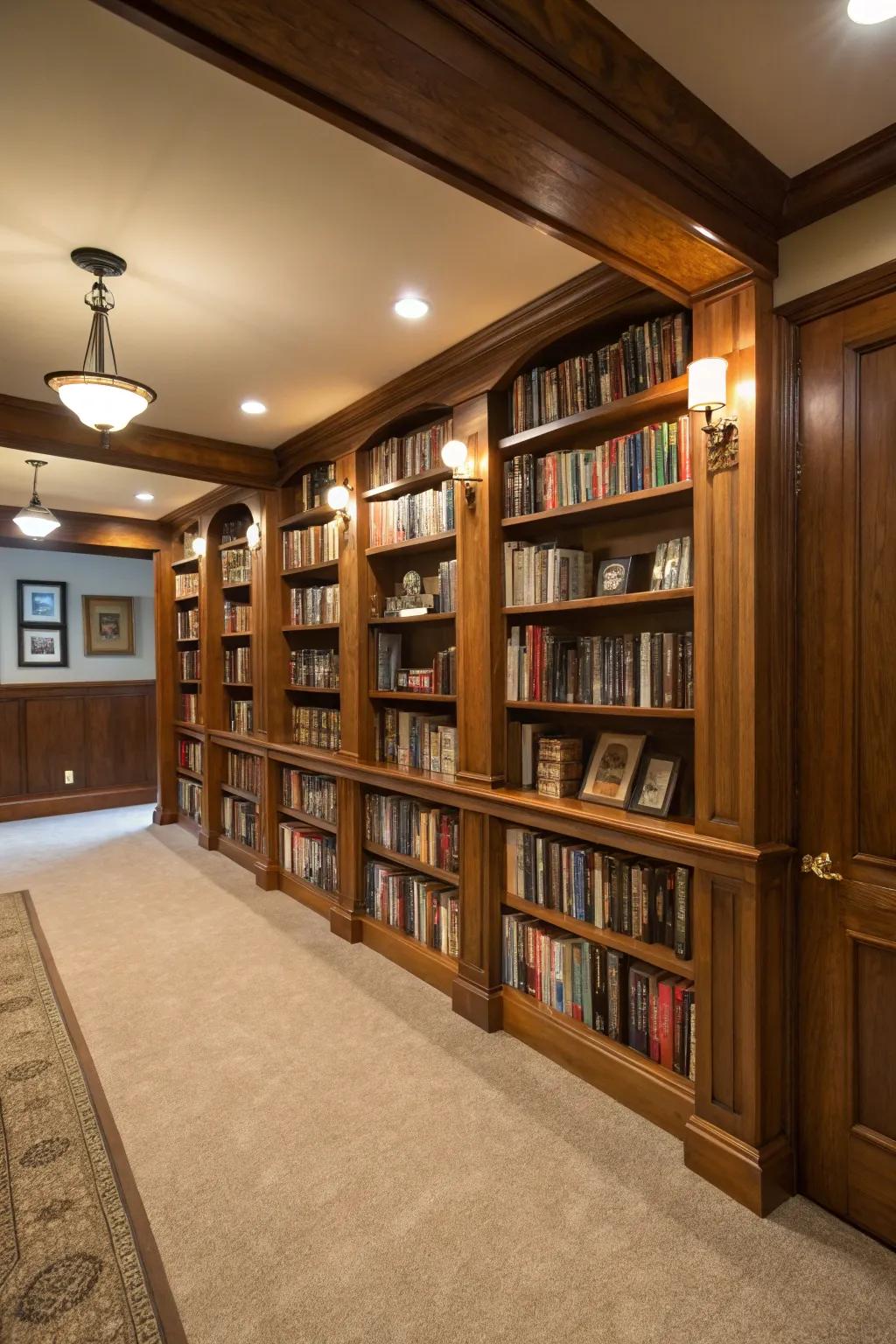 A stylish home library located in the basement featuring warm woods and cozy reading nooks.