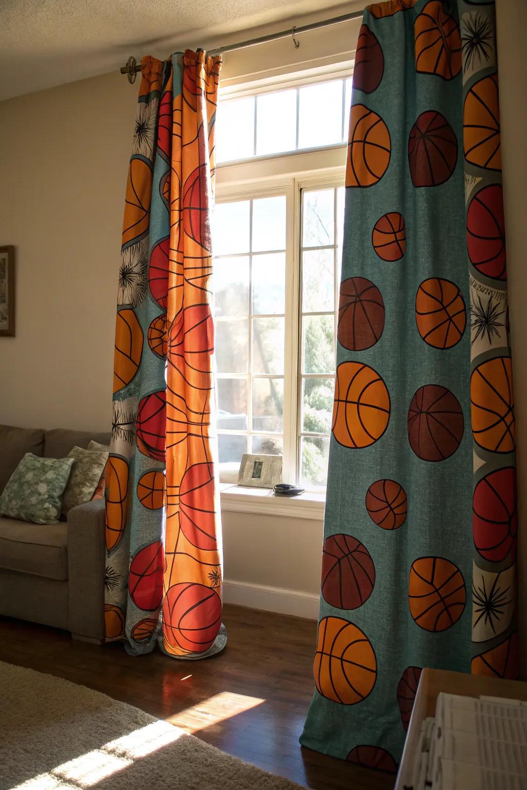 Basketball print window coverings inject a cheerful, playful accent.