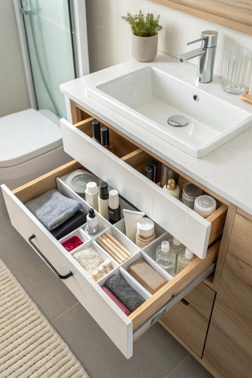 Sliding drawers add layers of arrangement for small items.