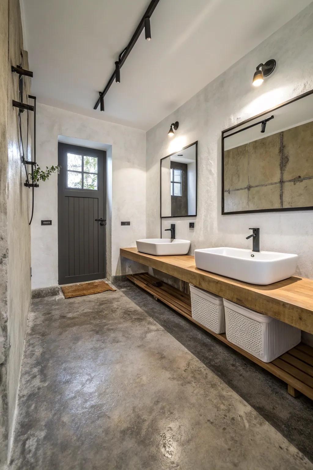 Industrial cement flooring creates edgy minimalism.