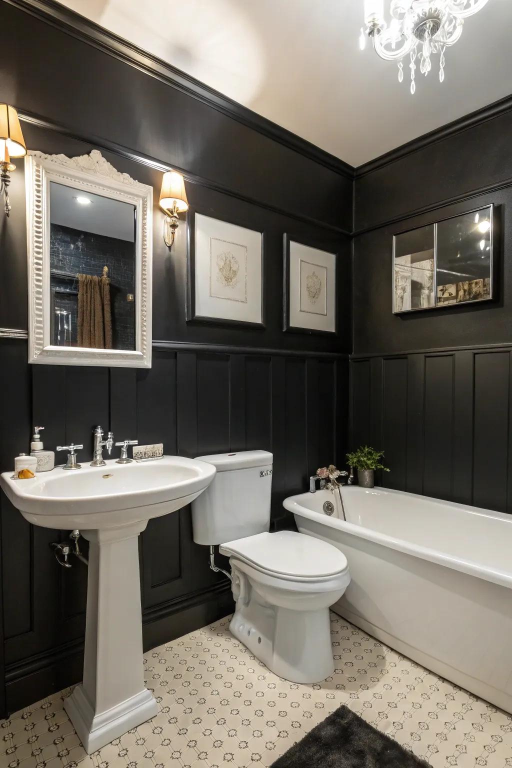 Ebony walls create a bold and dramatic bathroom statement.