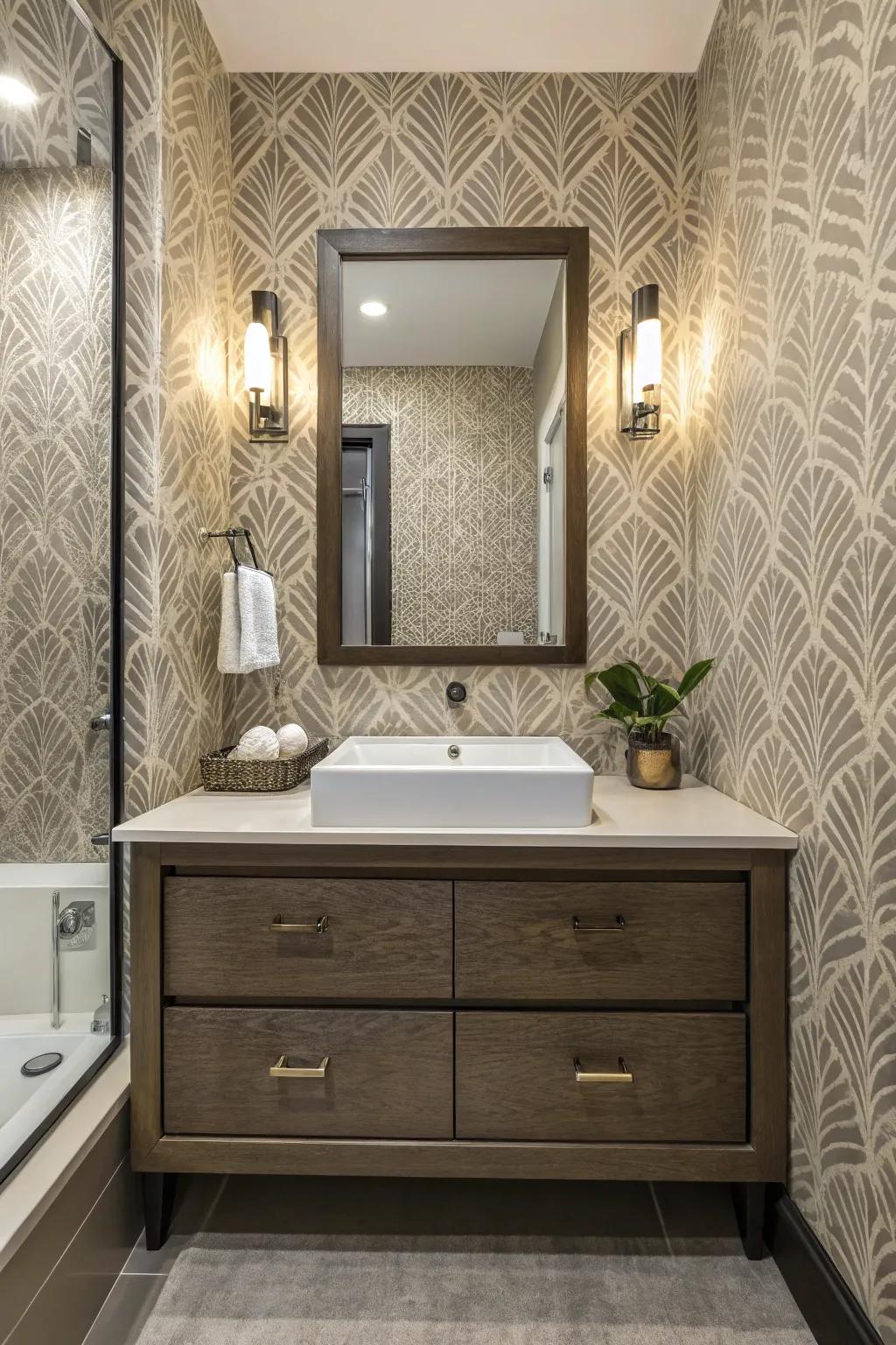 Textured wallpaper adds depth and interest.