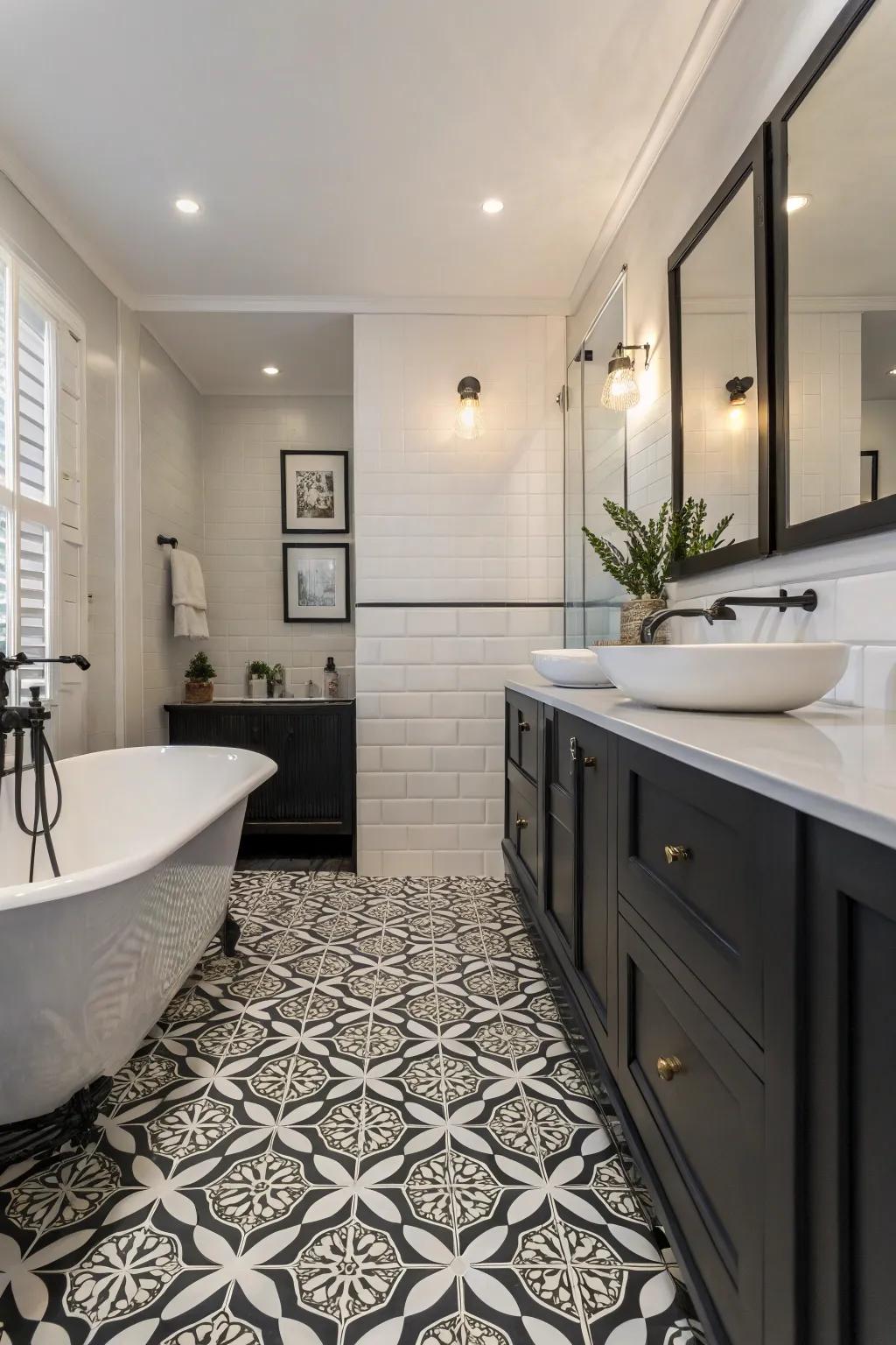 Monochrome resilient flooring adds timeless elegance to this sophisticated bathroom.