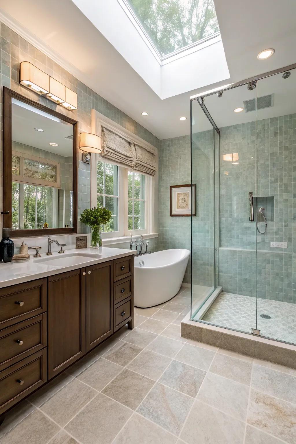 Full wall tiling generating a cohesive appearance within the bathroom.
