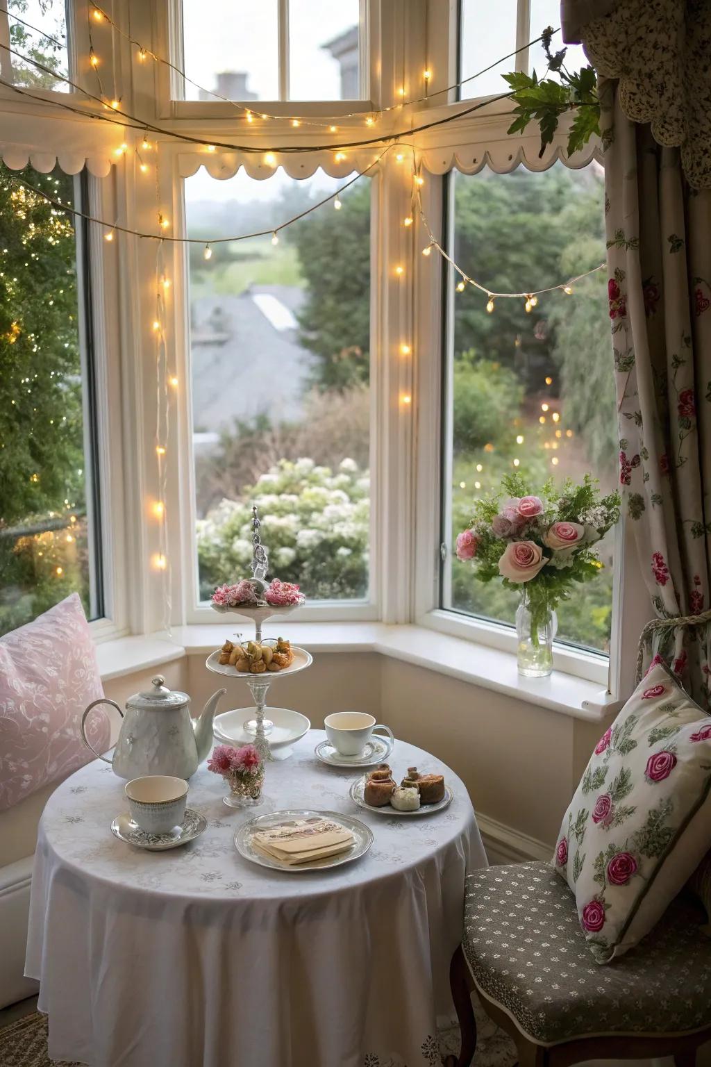 An enchanting tea nook in the bay window is perfect for enchanted afternoon gatherings.