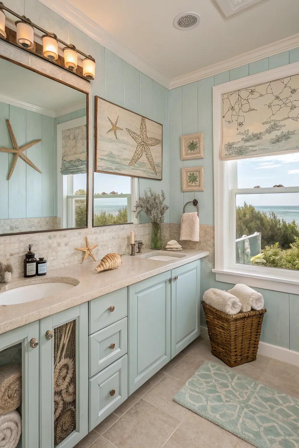 A coastal-themed bathroom offers a refreshing retreat.