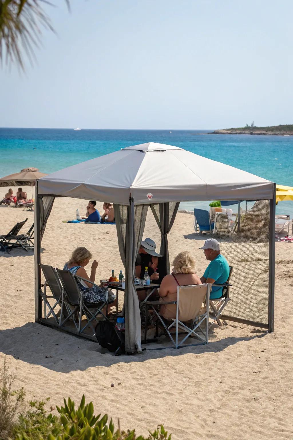 Moveable gazebos offer wide shade areas for large beach groups.