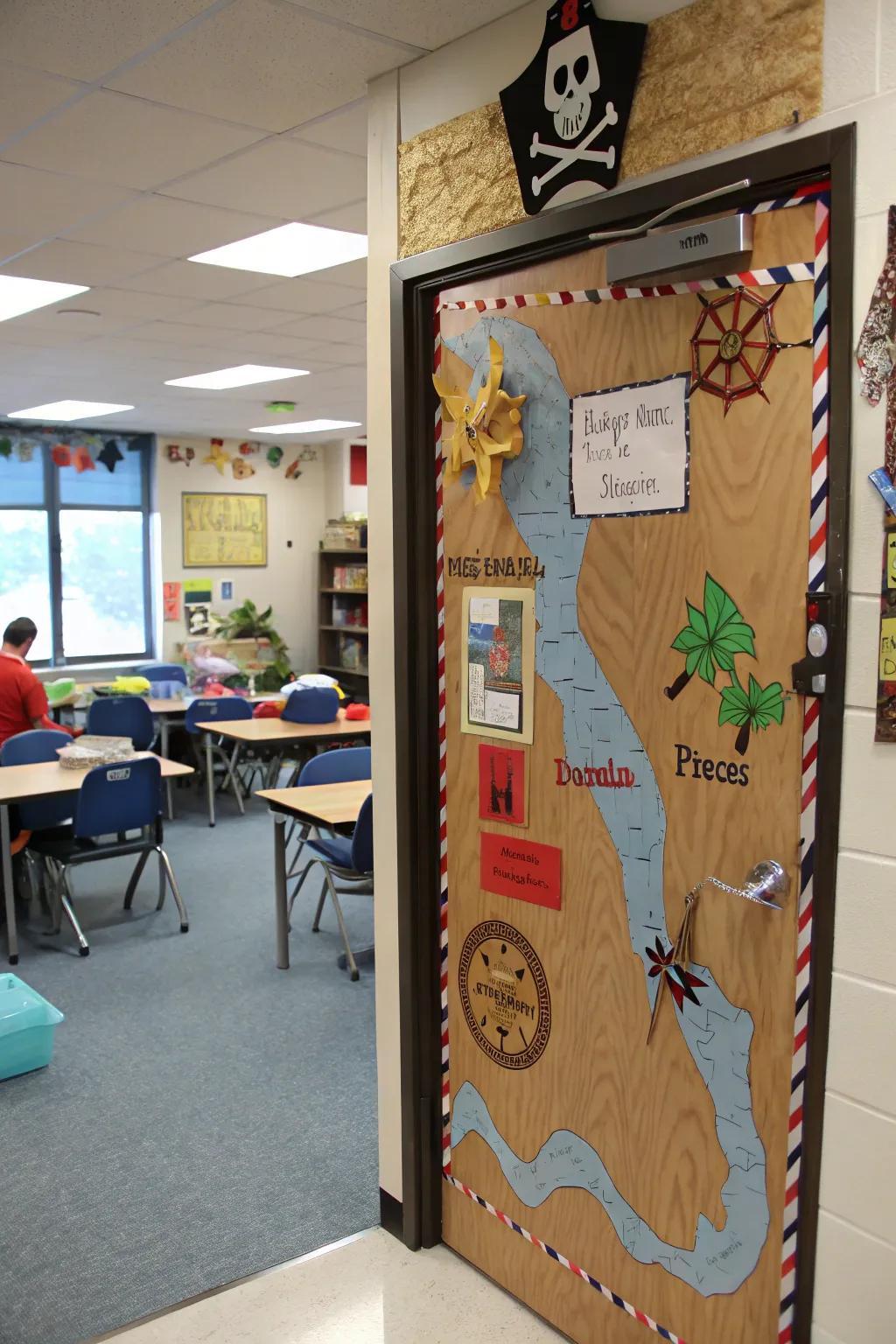 Classroom entrance with a buccaneer's bay theme for imaginative adventures.