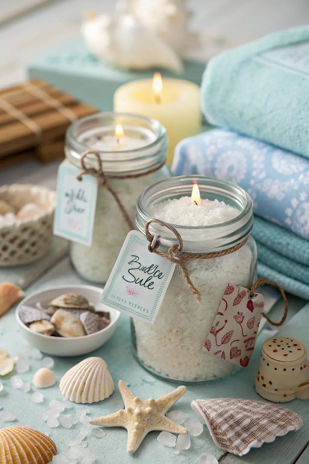Elevate your bath experience with soothing seaside soak salts.