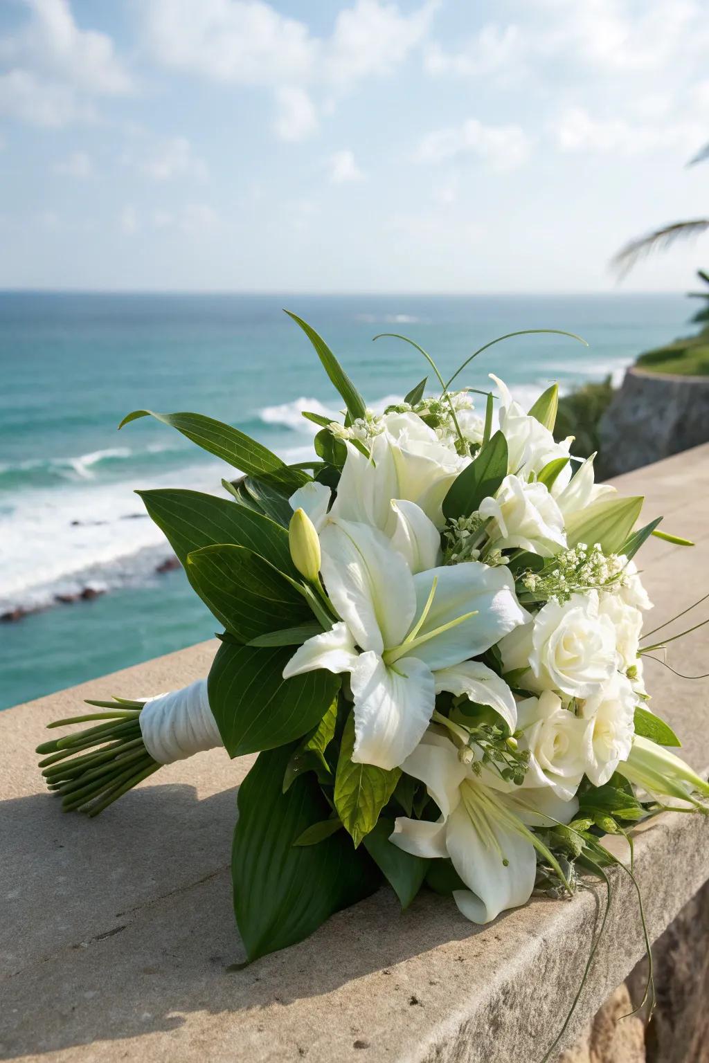 A timeless bouquet that brings classic elegance to a beach wedding.