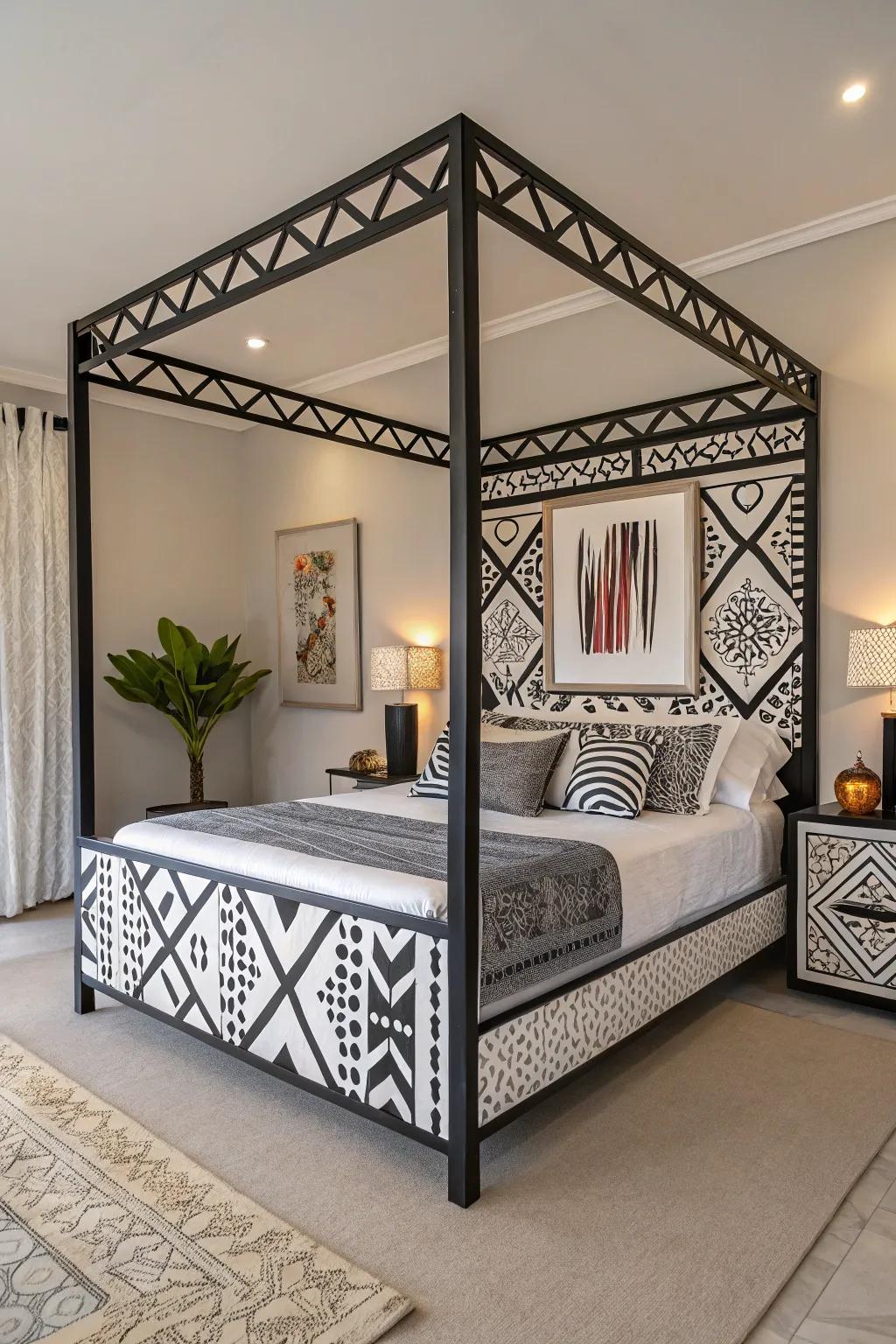 A geometric bed frame adds a modern and artistic touch.
