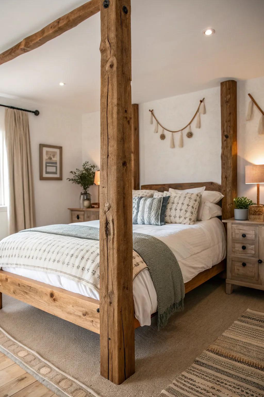 Recycled wood bedposts offer an eco-friendly and unique touch.
