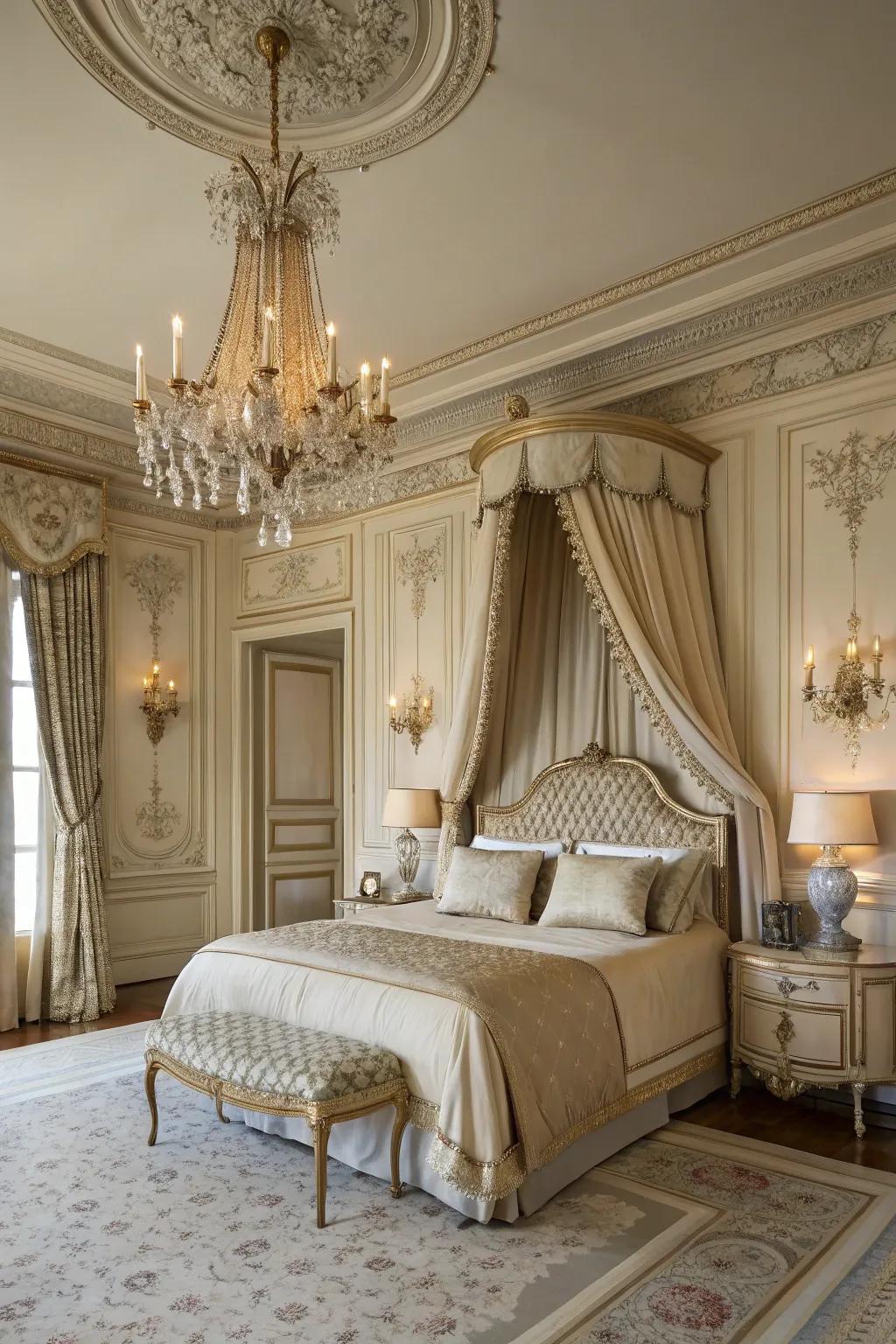 Ornate details and sophisticated decor bring French elegance to this luxurious bedroom.