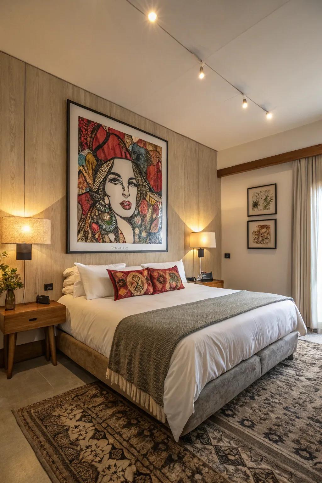 Bold artwork infuses this fashionable bedroom with color and personality.