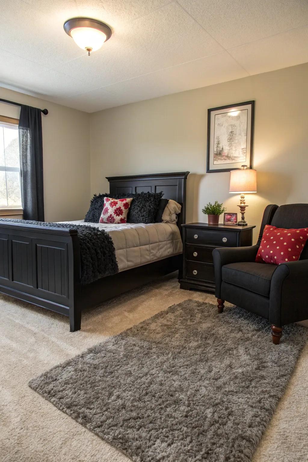 A plush rug softens and harmonizes a bedroom furnished with bold dark furniture.