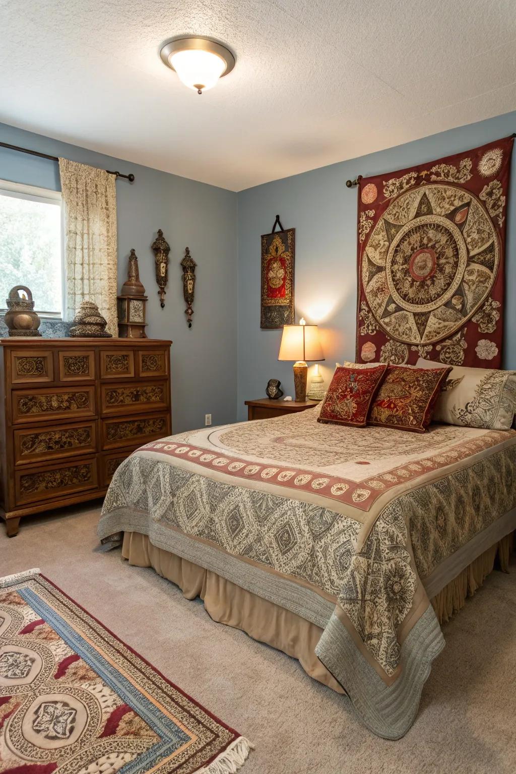 Cultural features contribute depth and character to a bedroom that features a beige carpet.