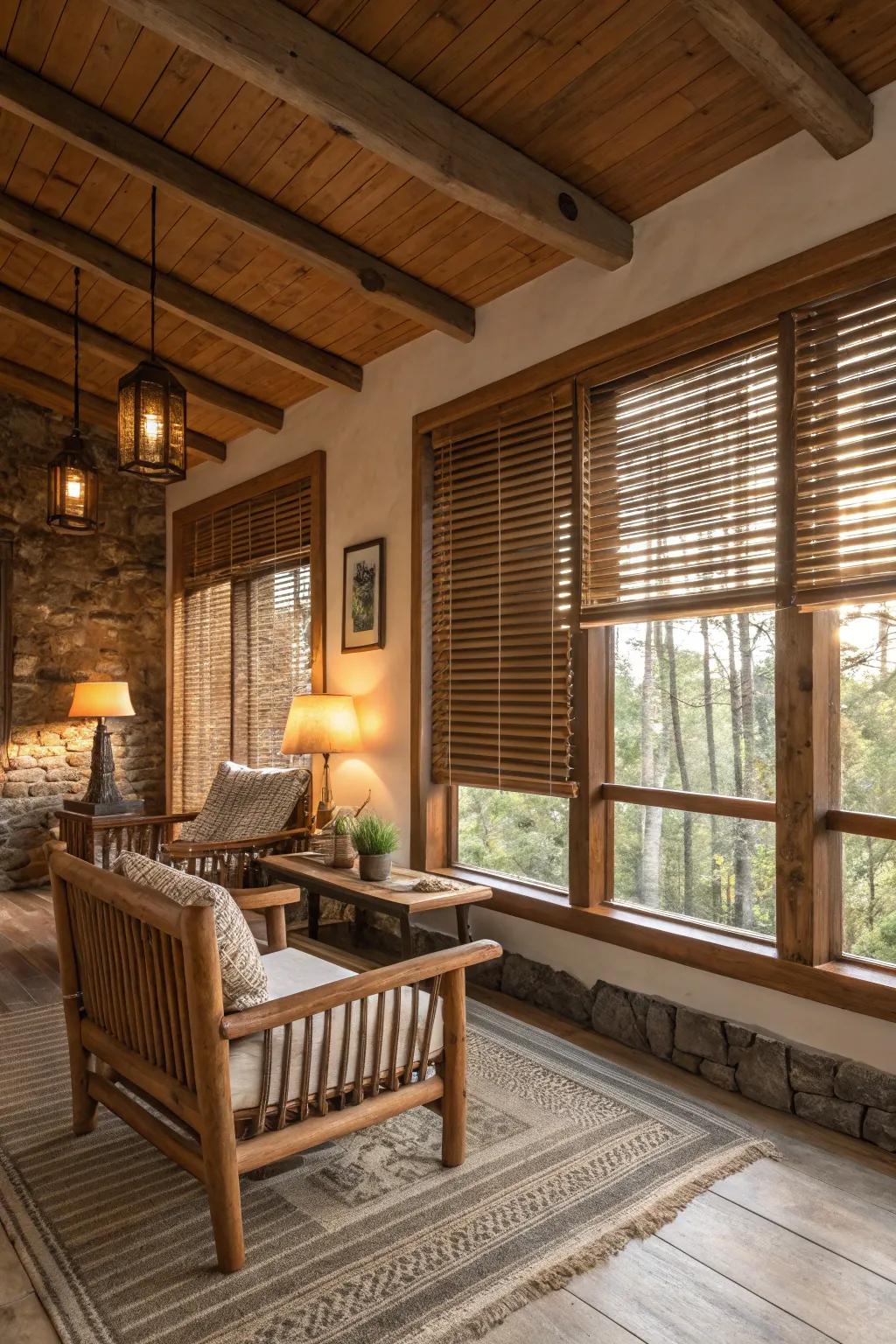 Wooden blinds enhance cozy interiors.