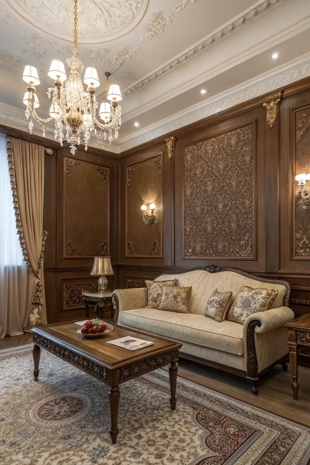 Ageless elegance through classic chestnut walls.