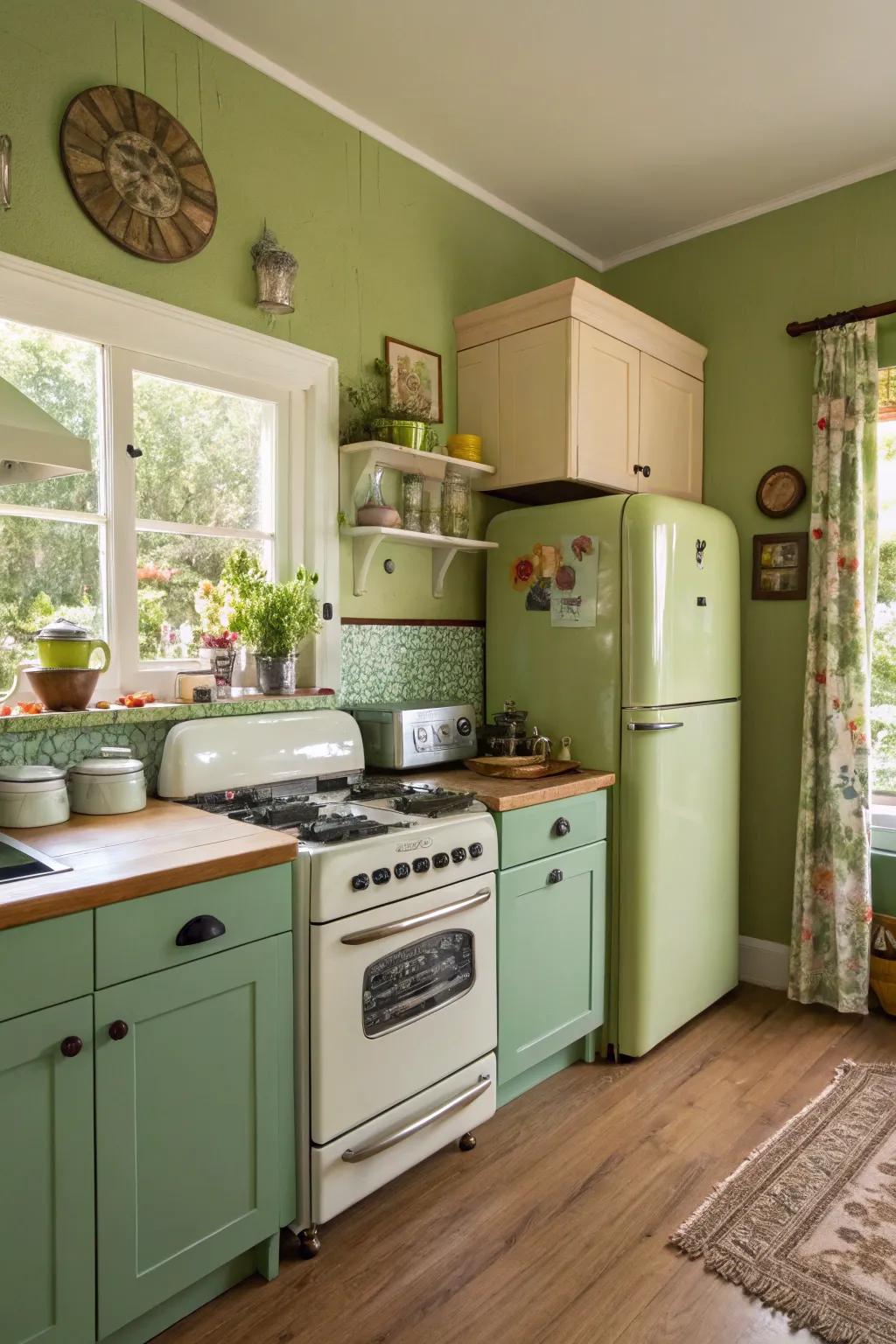 An elegant kitchen featuring retro alligator green walls.