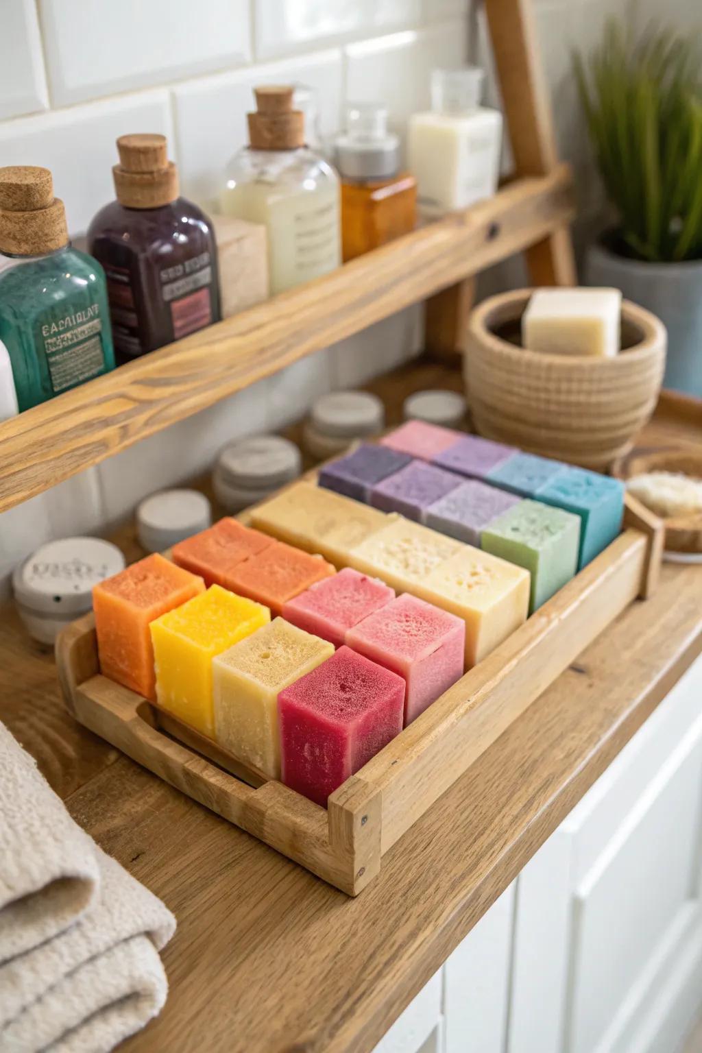 An artisanal cleansing bar selection provides an element of luxury and freshness.