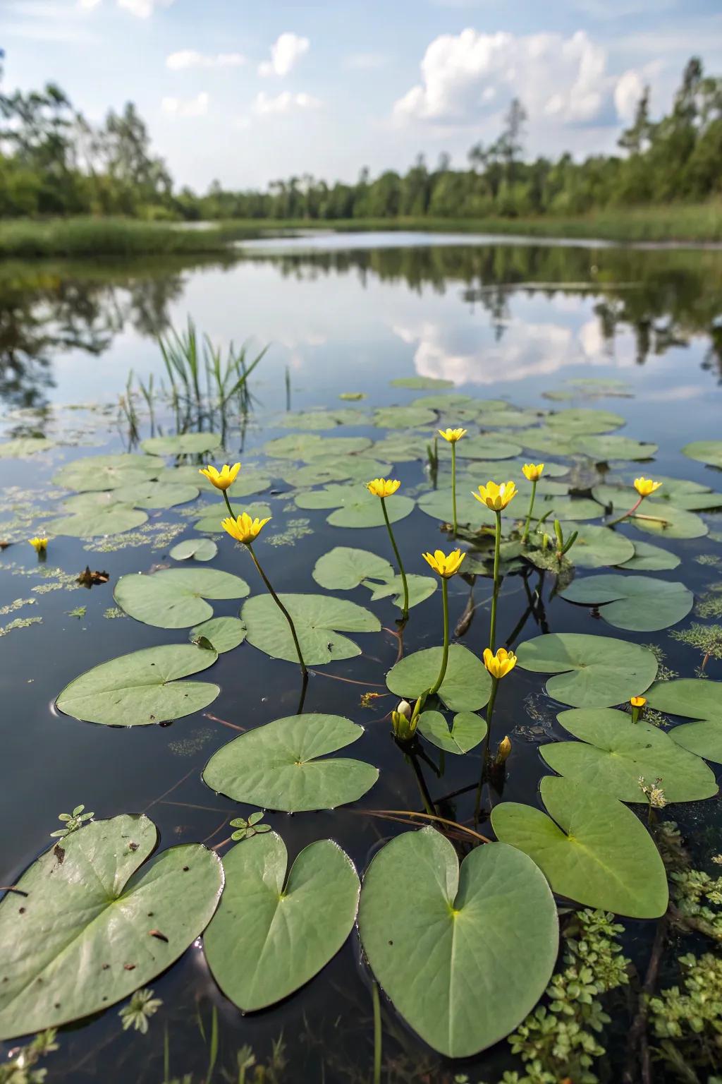 Drifting Heart plants add a whimsical and elegant touch to the pond.