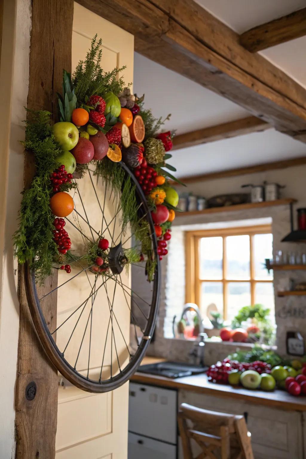 A harvest-themed bicycle wheel wreath with fruits and vegetables for a fresh look.