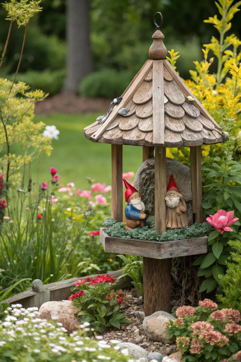 A playful gnome feeder adding fancy to any outdoor space.