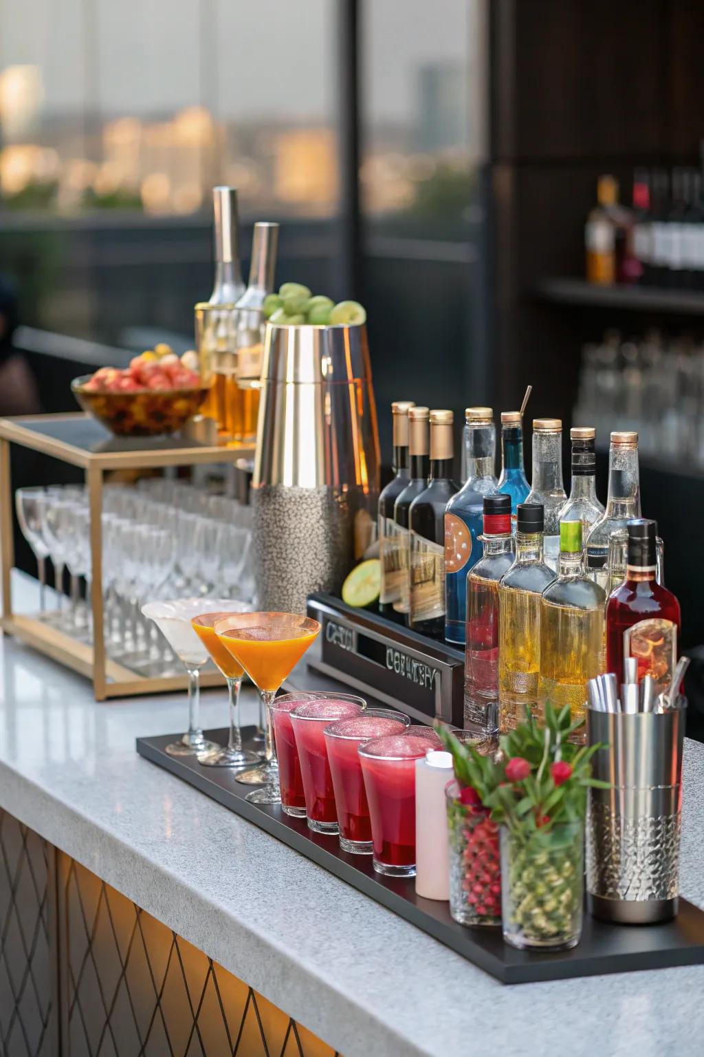 A stylish cocktail station providing a range of spirits and mixers.
