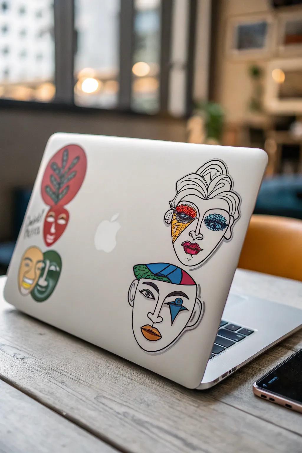 Creative countenance decals transforming a laptop into a style statement.
