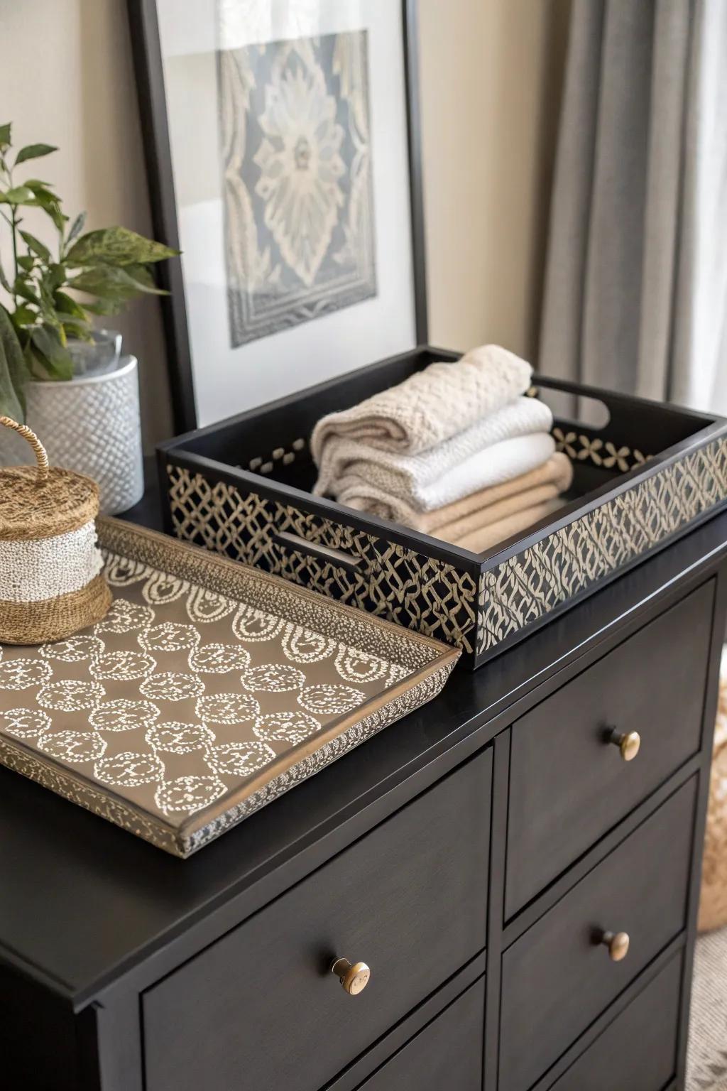A dark stained dresser transformed with a pop of pattern in its décor.