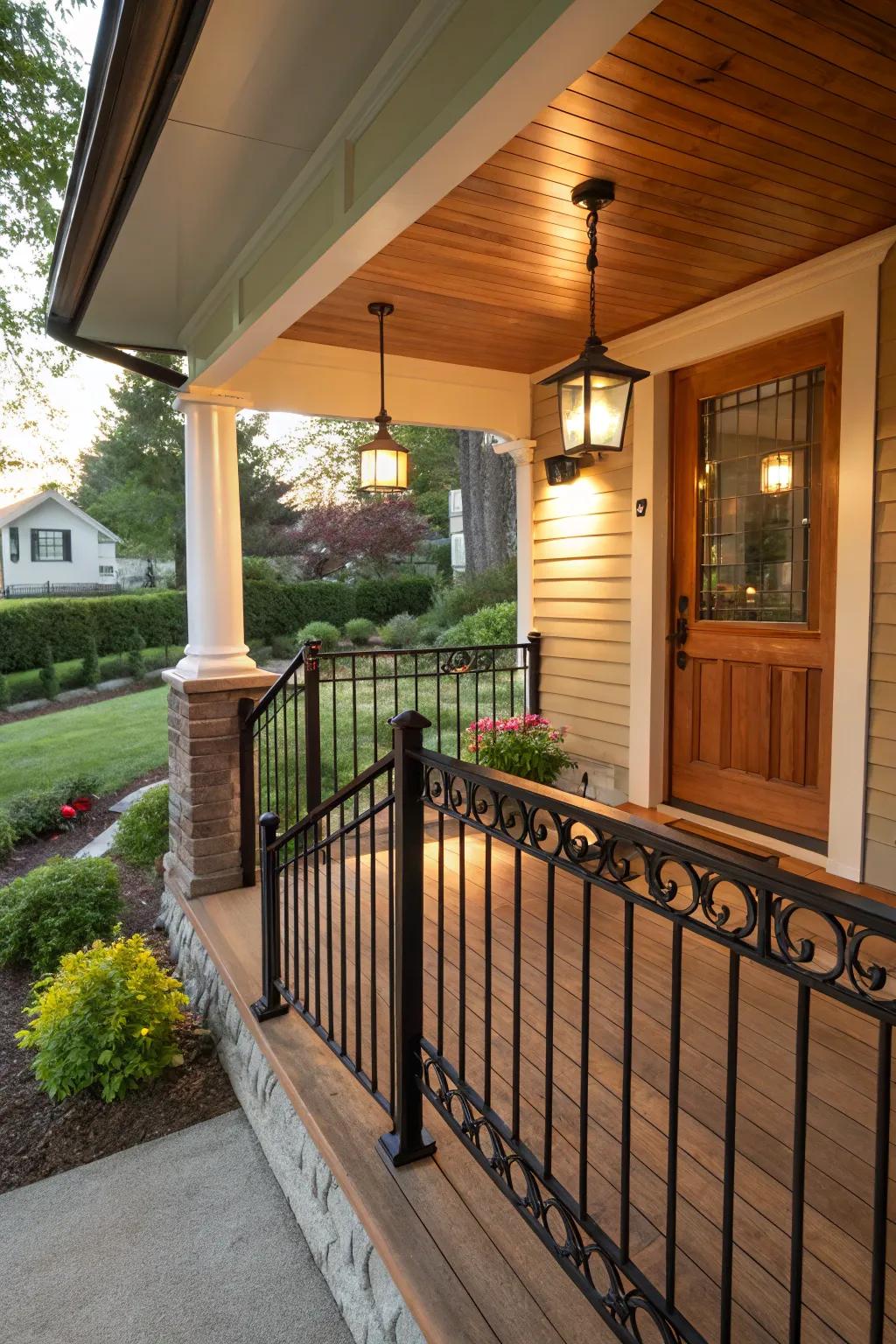 A wood top rail adds warmth to dark metal railings.