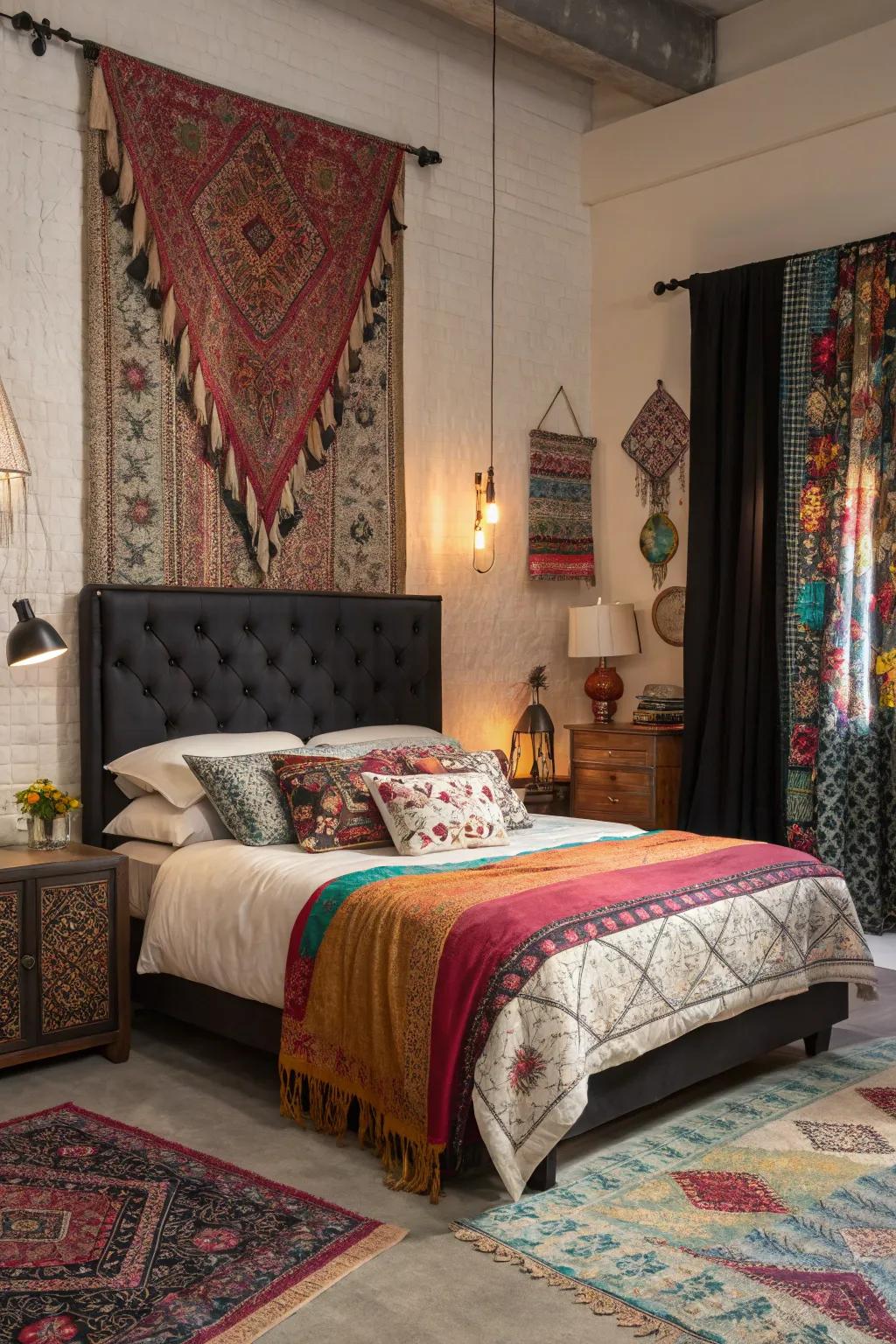 Eclectic bedroom featuring a creative touch and dark headboard